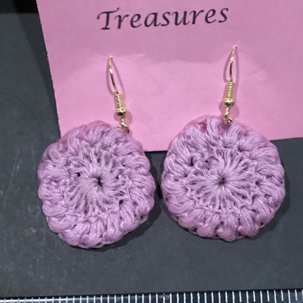 Earrings Pink Starburst Circle Crocheted Crochet Hand Crafted